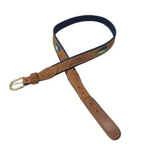 Zep-Pro 42 Brown Leather Embroidered Belt Boating Fishing Mahi Mahi Preppy
